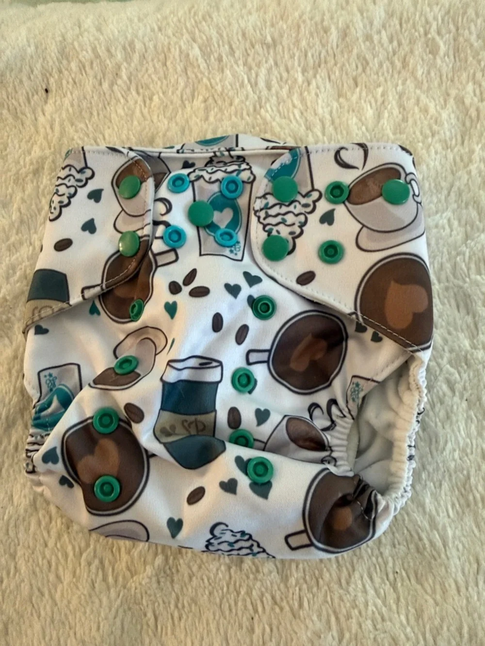 5/$25 Adjustable White Coffee-Print Cloth Diaper Cover with Teal Snaps